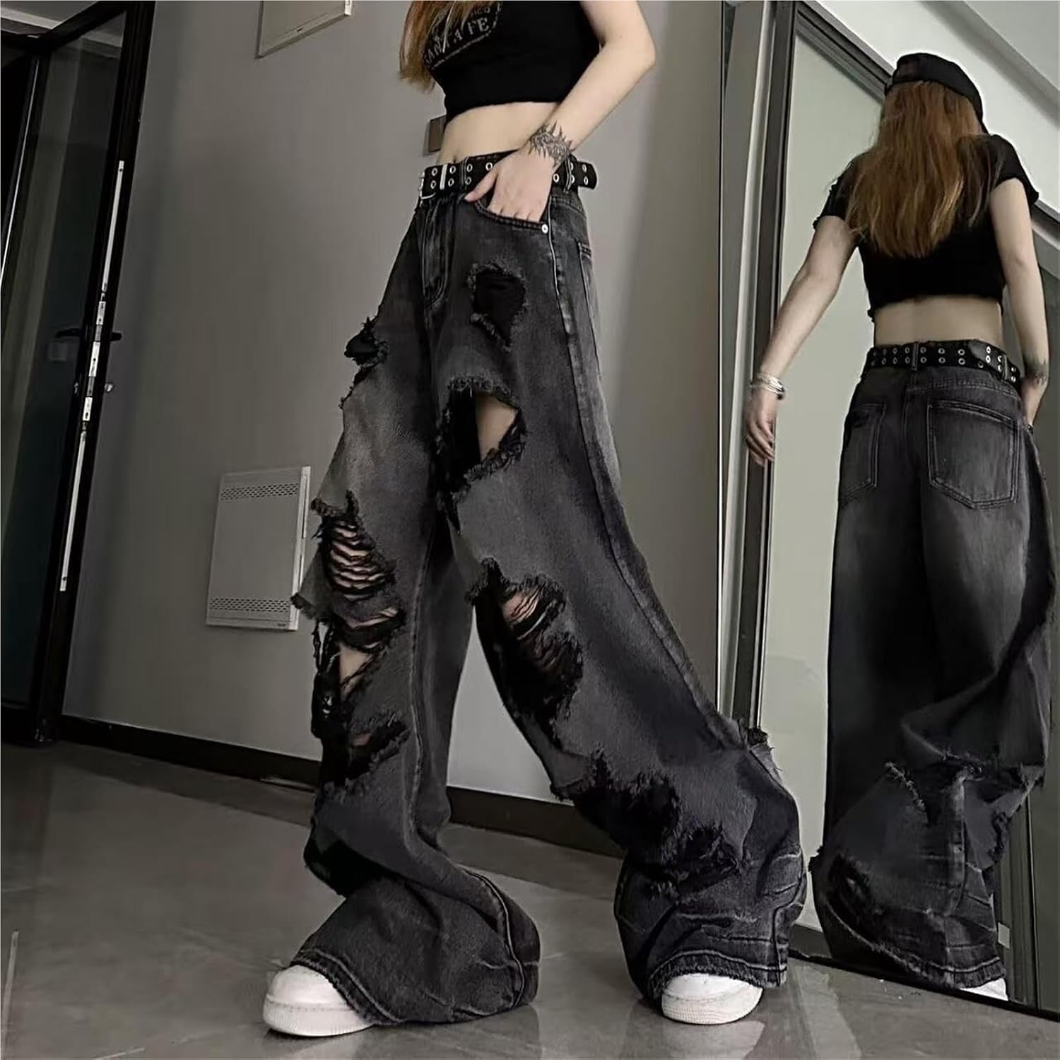 Dam Y2K Ripped Baggy Jeans - Hög midja, raka ben, grungebyxor, gothbyxor, 2000-talsmode