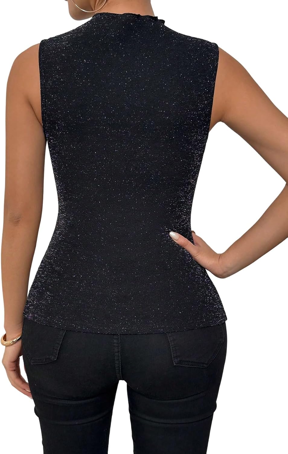 GORGLITTER Damtopp, glitter, mesh, lapptäcke, sommartopp, ärmlös, blustopp, rund krage, toppar, elegant festtopp, sommar, linne, casual, topp, fritidstopp, nättopp