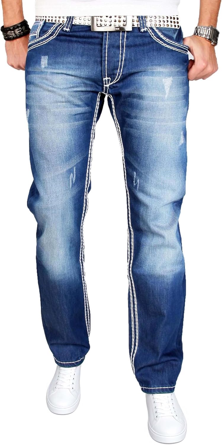 A. Salvarini herr designer jeans byxor blå stonewash tjocka vita dekorativa sömmar AS011