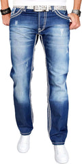 A. Salvarini herr designer jeans byxor blå stonewash tjocka vita dekorativa sömmar AS011