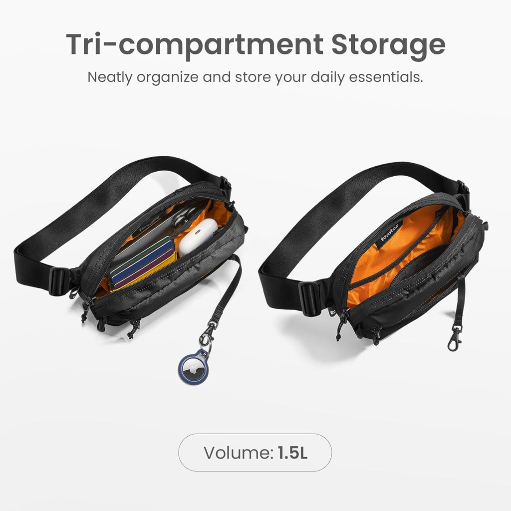 tomtoc 1,5 l crossbody väska med RFID-skydd, liten unisex axelremsväska, sling bag, lätt, vattentät sling bag, för utomhusresor, svart