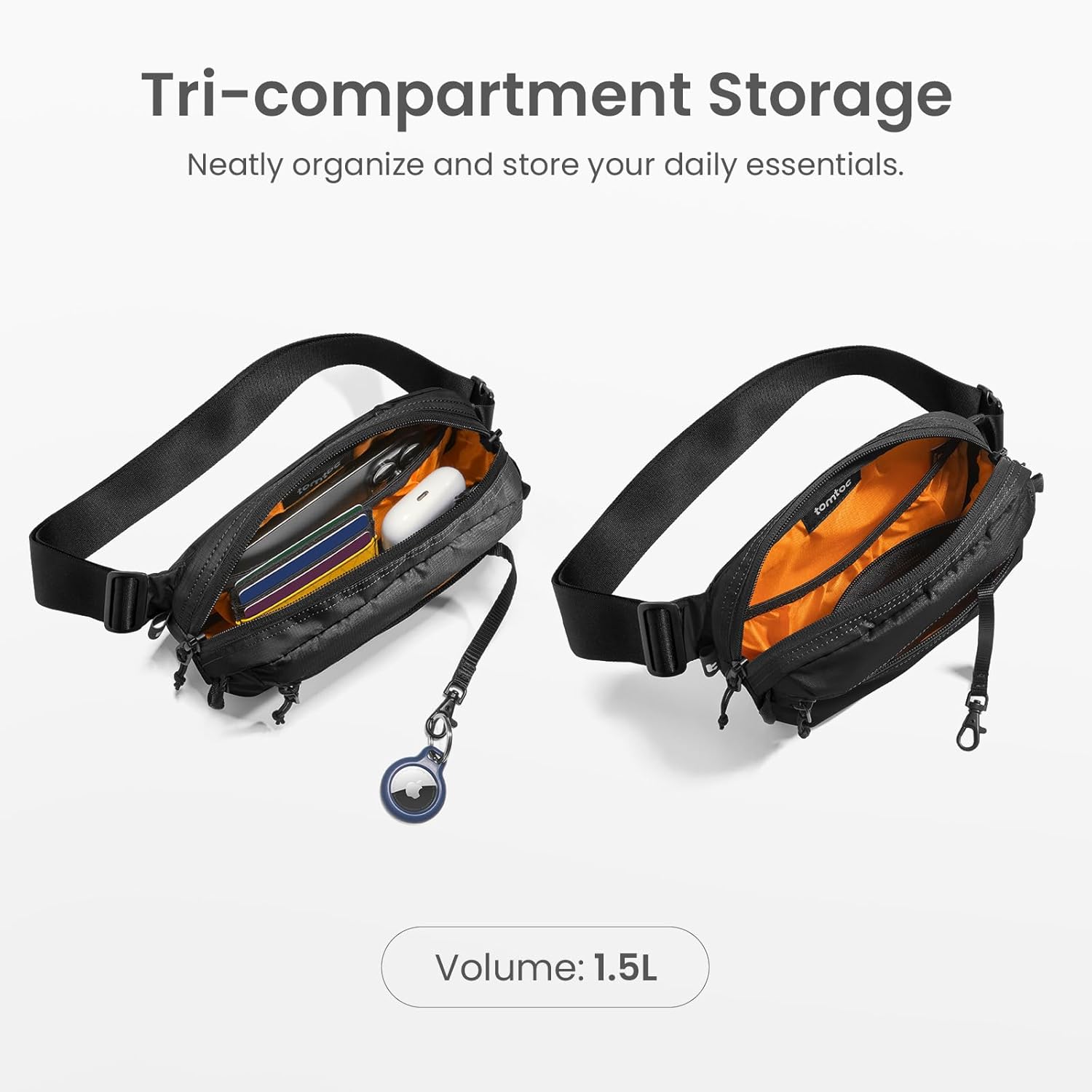 tomtoc 1,5 l crossbody väska med RFID-skydd, liten unisex axelremsväska, sling bag, lätt, vattentät sling bag, för utomhusresor, svart