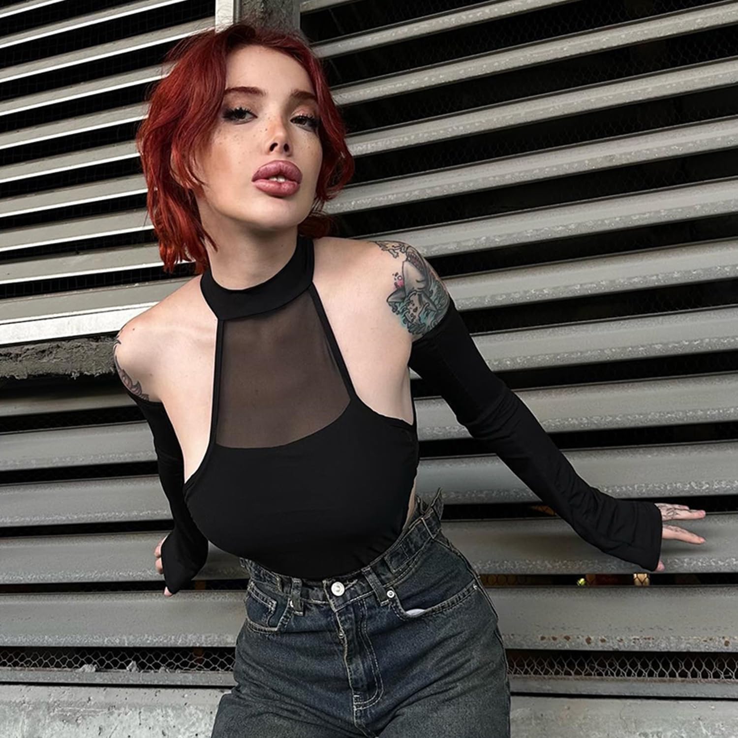 Damer långärmad mock neck sheer mesh top Y2k streetwear rave outfit
