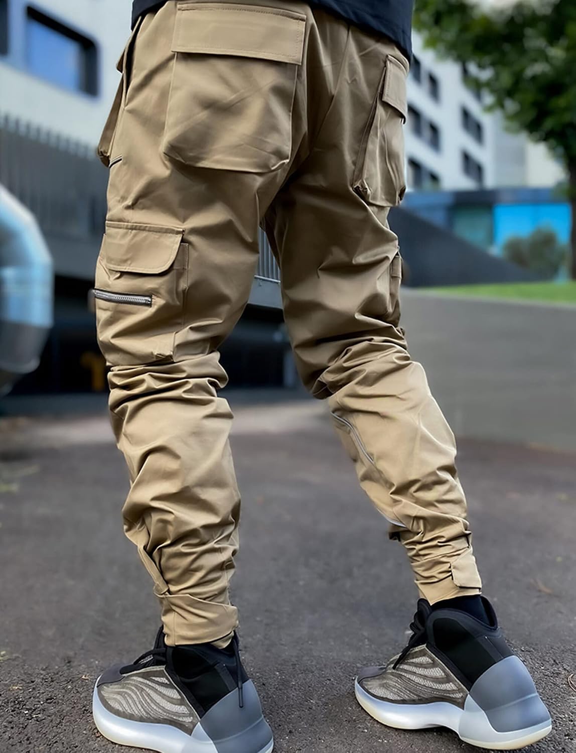 AIEOE Cargobyxor, herr, hip hop, techwear, cargobyxor med reflekterande ränder, streetwear, punkbyxor, joggingbyxor, joggingbyxor med fickor, elastisk linning