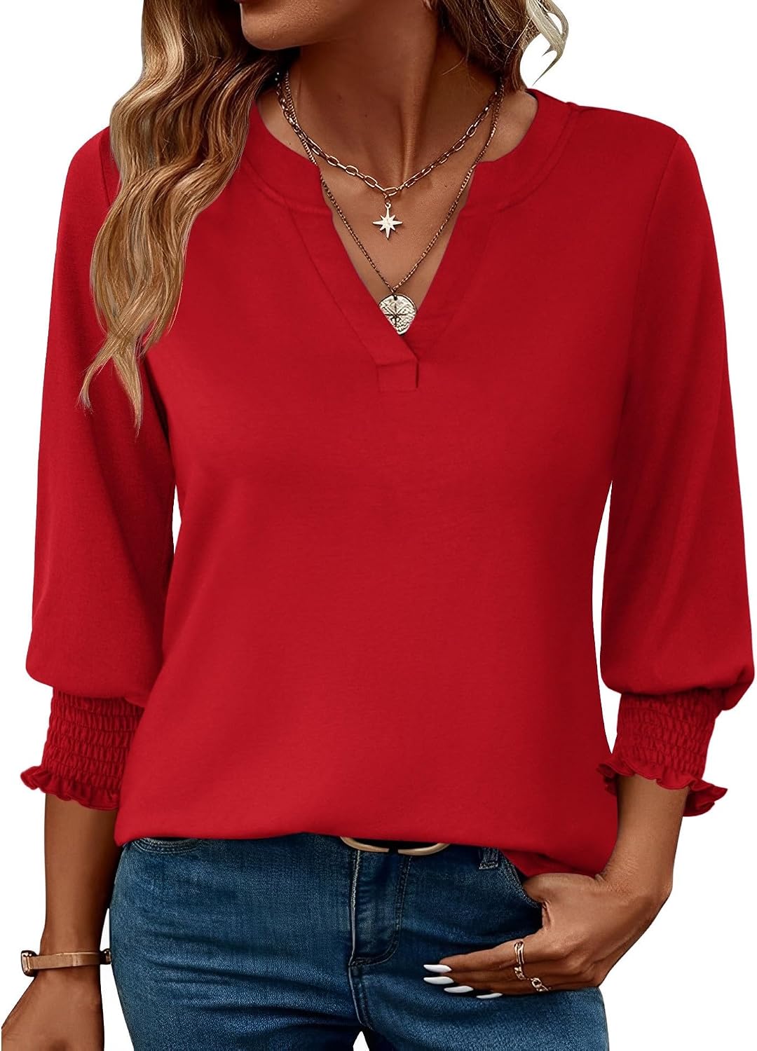 Rapbin Damblus med 3/4-ärm, lång V-ringad tunika, sommartopp, elegant, ledig blus, topp