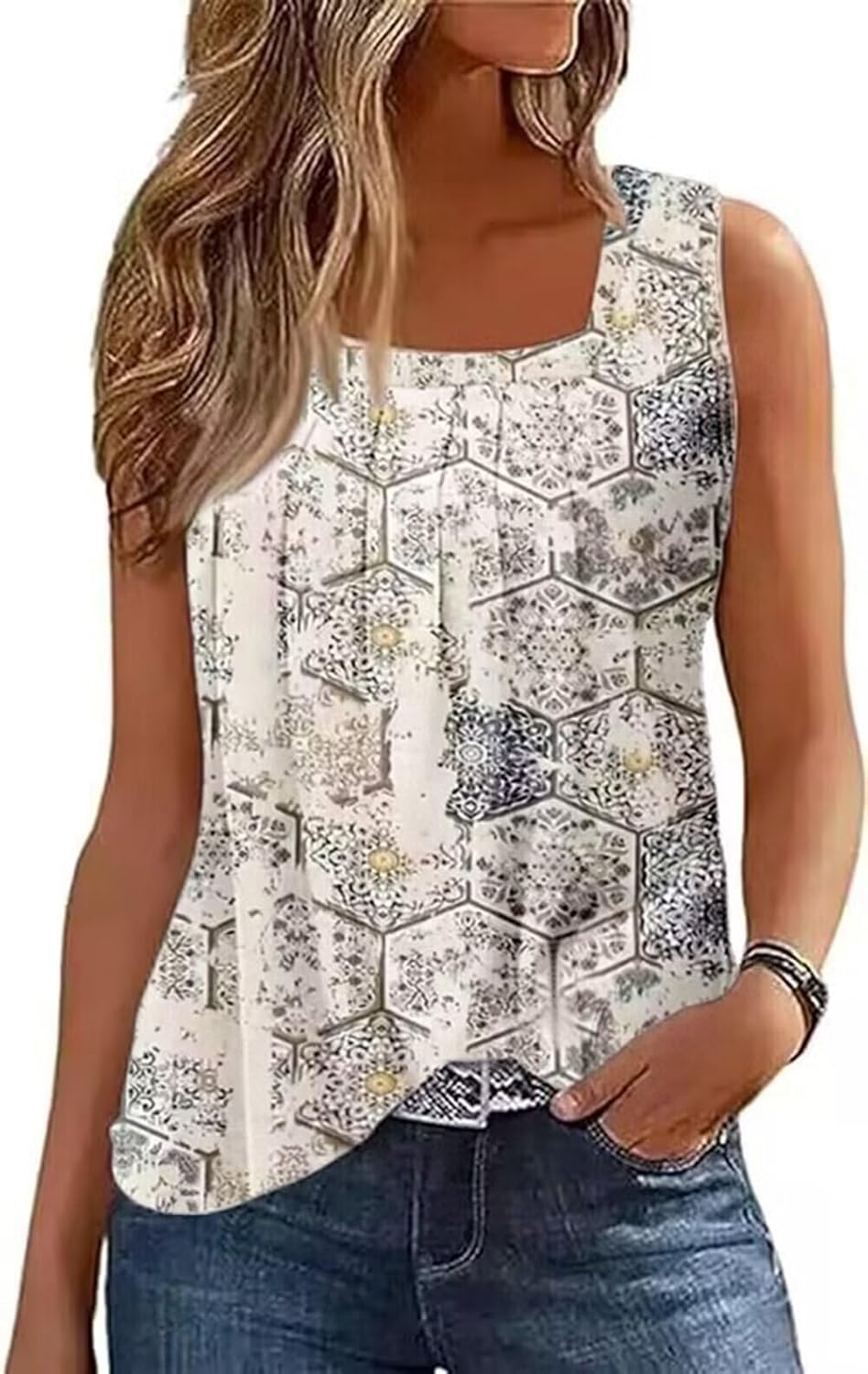AIMITAG Färgblock veckad fyrkantig krage linne kvinnor randig tank t-shirt sommar ledig lös passform ärmlös skjorta