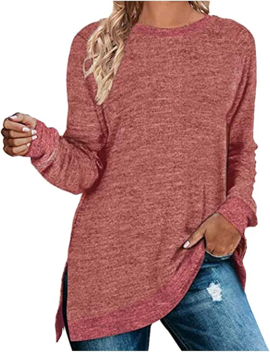 HUIFUAO T-shirt för kvinnor långärmad rund hals färgblock delad topp lös pullover topp skjorta kvinnor svart plus size t-shirt