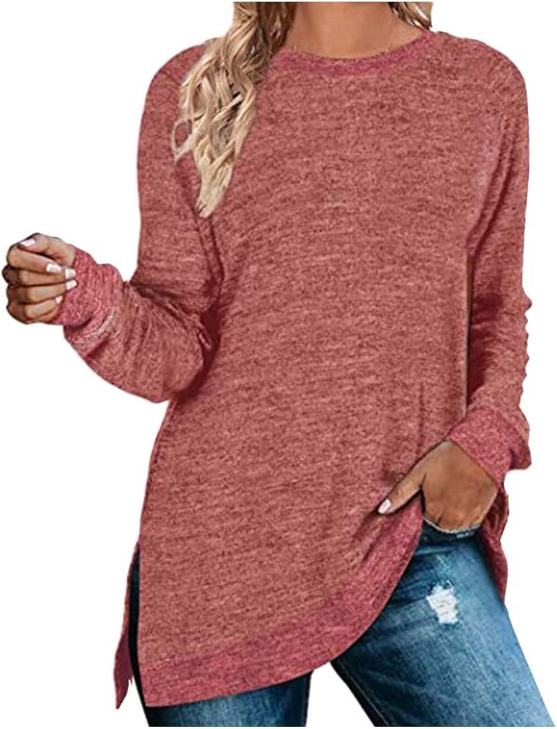HUIFUAO T-shirt för kvinnor långärmad rund hals färgblock delad topp lös pullover topp skjorta kvinnor svart plus size t-shirt