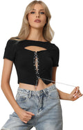 Allegra K damer crop-top ribbstickad sexy-kedja front kortärmad klubb party blus