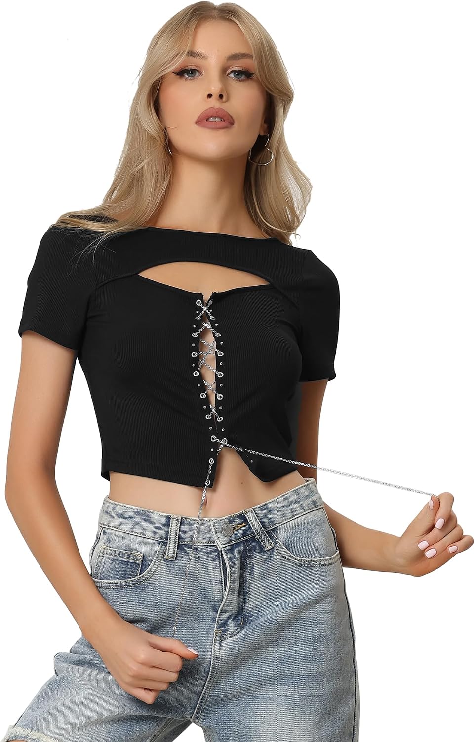 Allegra K damer crop-top ribbstickad sexy-kedja front kortärmad klubb party blus