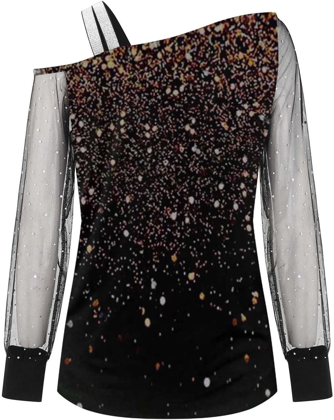 Elegant damskjorta paljetter nyår axellös elegant nät med paljetter plus storlek t-shirts för fest och kväll cocktail ceremoni kurviga toppar långärmad glitter blus 2025