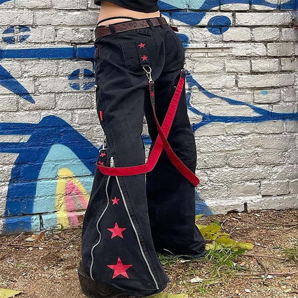 Kvinnor Y2k-jeans, gothstil, byxor i punkig emostil, säckiga, utsvängda jeans, breda ben, Harajuku grunge-byxor, hiphop-kläder