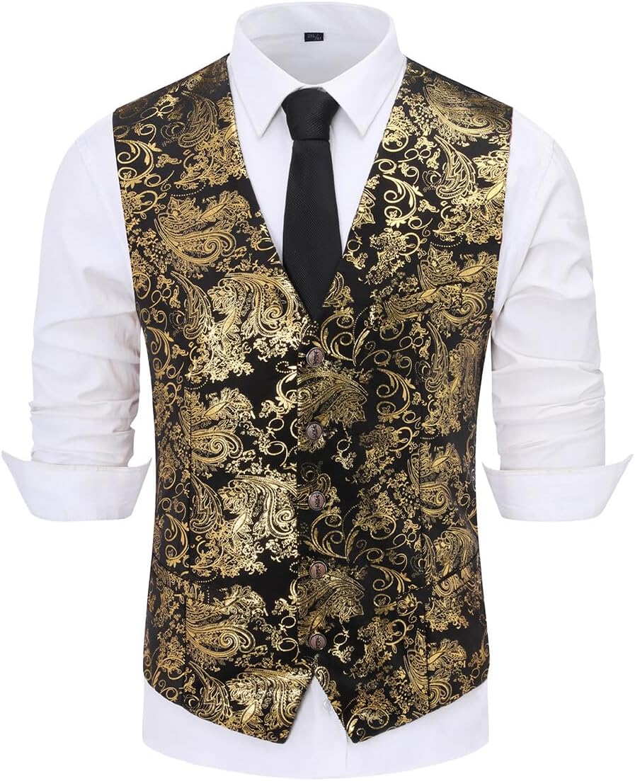 Paisley jacquard-kostym, väst för män, enkel knäppt väst, stilig, smal passform, med knäppning, bal, formell kostym