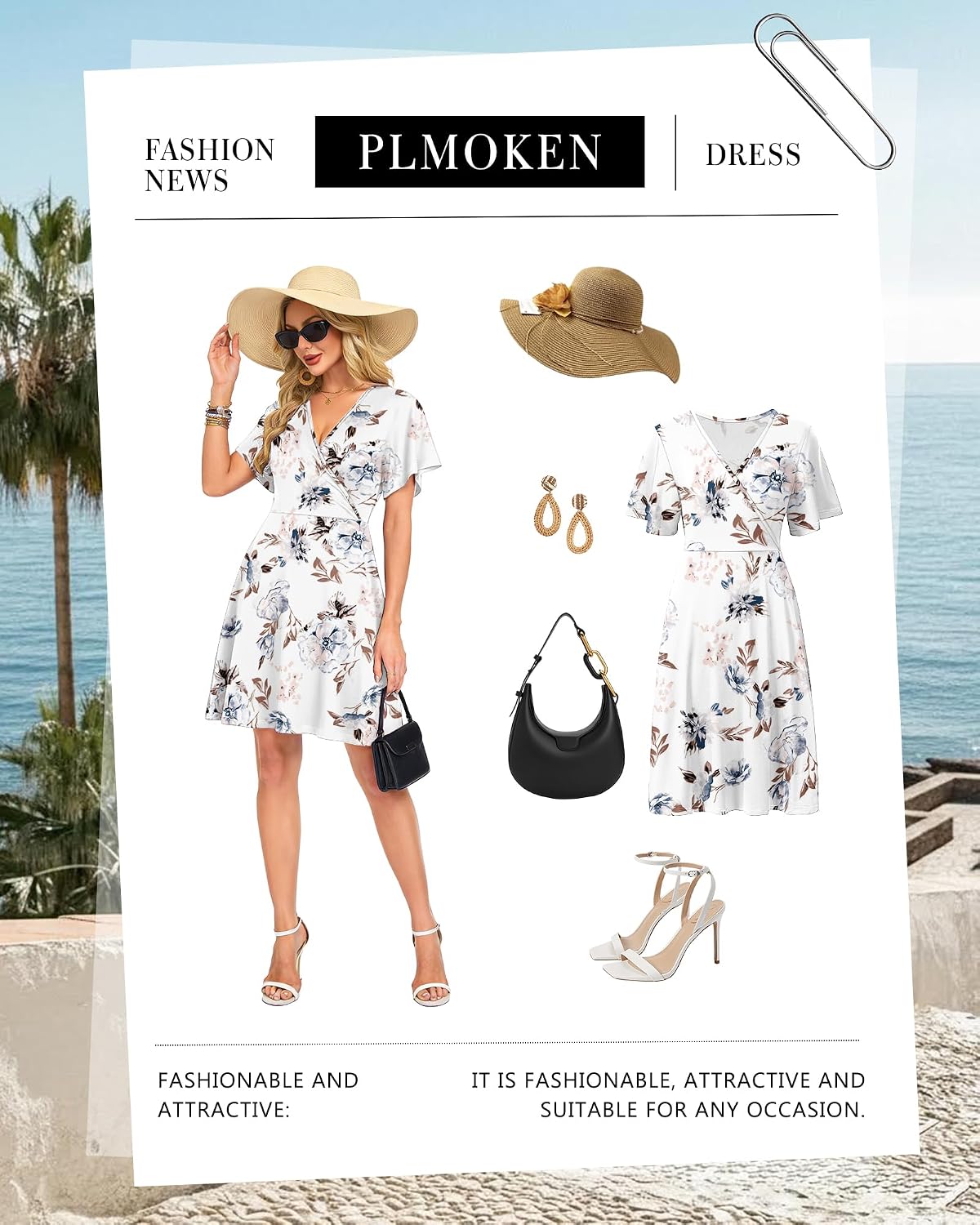 PLMOKEN Sommarklänning för damer, kort omlottklänning, damer, sommar, empire-midja, kortärmad strandklänning, luftig, flytande klänning med v-ringning, blomma och fickor