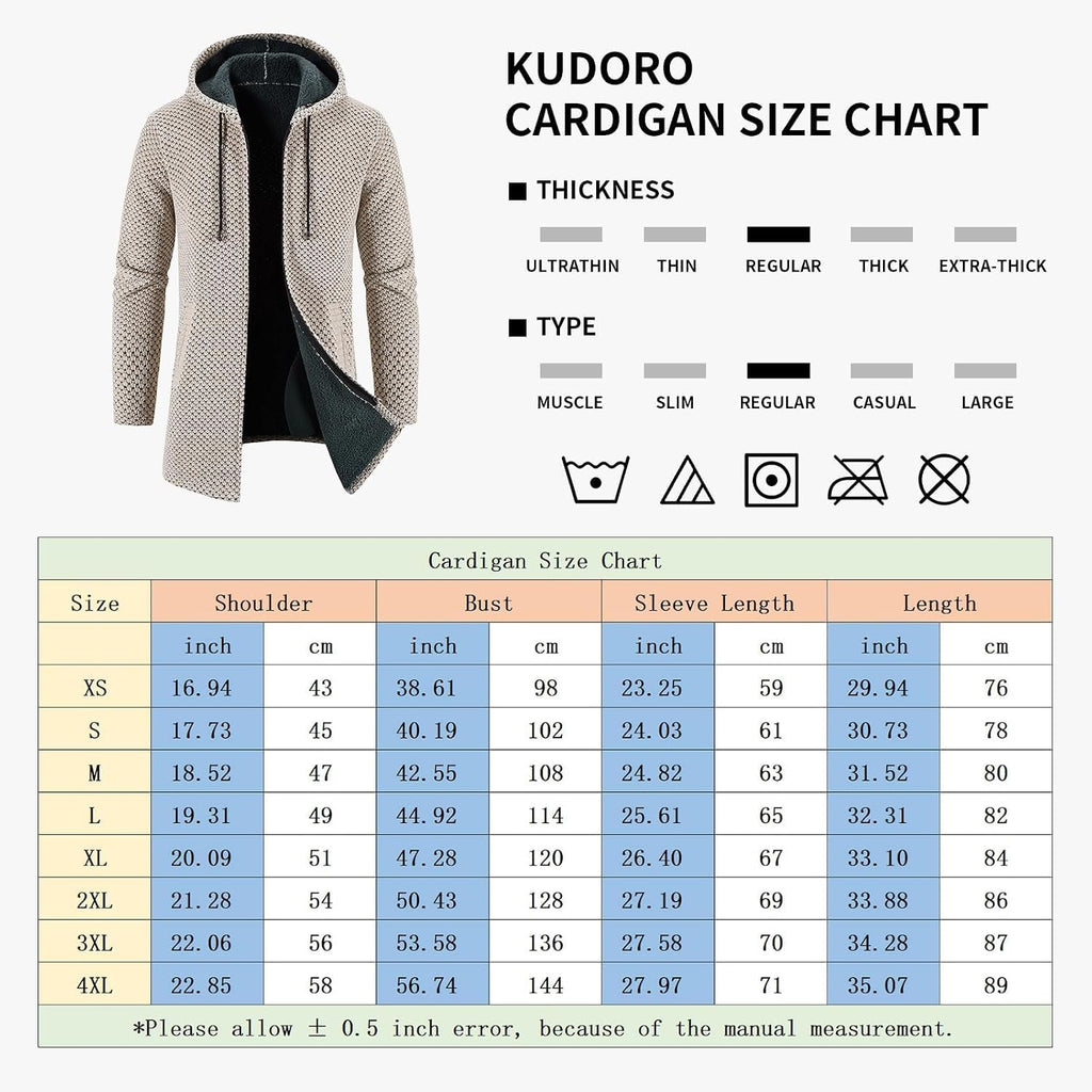 KUDORO Herrcardigan lång väst med dragkedja stickad kofta huvtröja tjock och ledig fleece tröja huvtröja