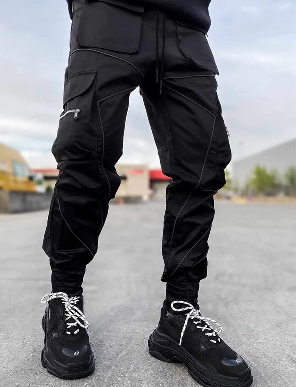 AIEOE Cargobyxor, herr, hip hop, techwear, cargobyxor med reflekterande ränder, streetwear, punkbyxor, joggingbyxor, joggingbyxor med fickor, elastisk linning