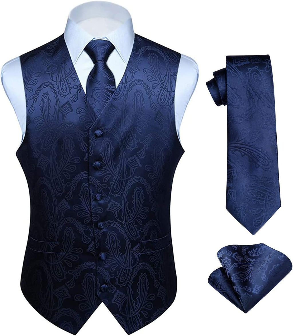 Hisdern Herrväst med paisleymönster, blommig jacquard-slips, bröstnäsduk och näsduk, perfekt för bröllop, fest eller affärsmöten, väst-set för kostym i storlekarna XS–6XL