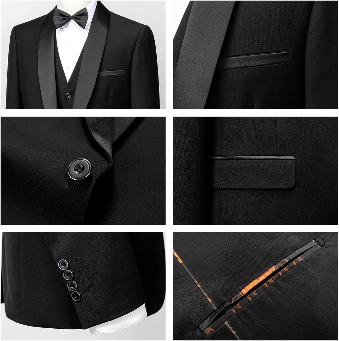 Herrar 3 stycken kostym slim fit en knapp halsduk revers för bröllop bal kavaj väst byxor set