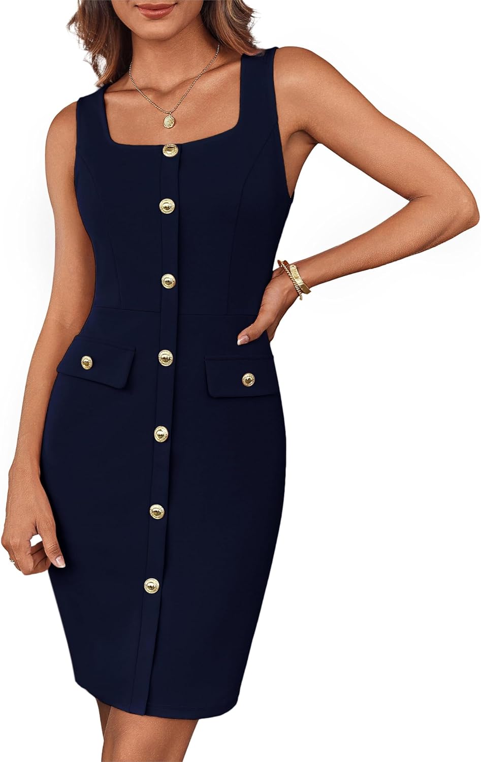 GRACE KARIN cocktailklänning för kvinnor, elegant klänning, ärmlös, fyrkantig hals, knapp, bälte, affär, arbete, kontor, formell klänning, wrap klänning, bodycon miniklänning med bälte