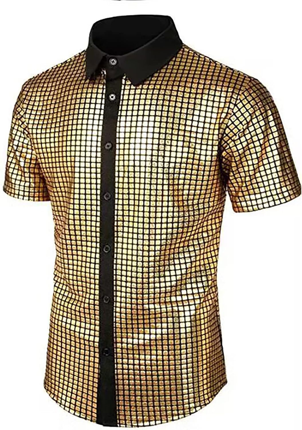 Disco-skjortor för män | Sparkle Sequin Shirts | Skinande metalliska kortärmad skjortor | Glitterskjorta | Slim Fit Button-Down tröjor för nattklubb rock bal hiphop disco partydräkt