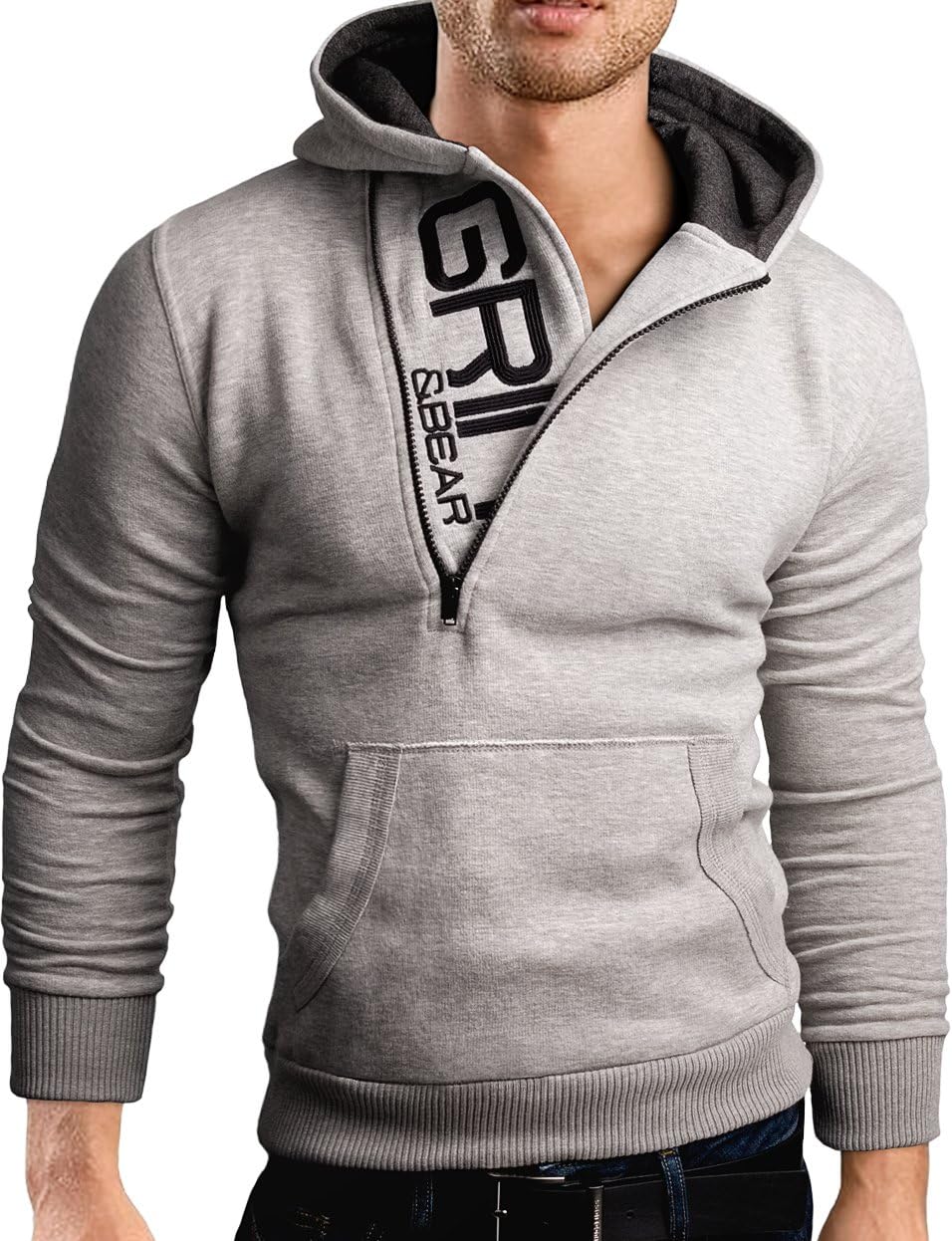 Grin&Bear Slim Fit halv dragkedja huvtröja jacka broderad tröja, GEC401