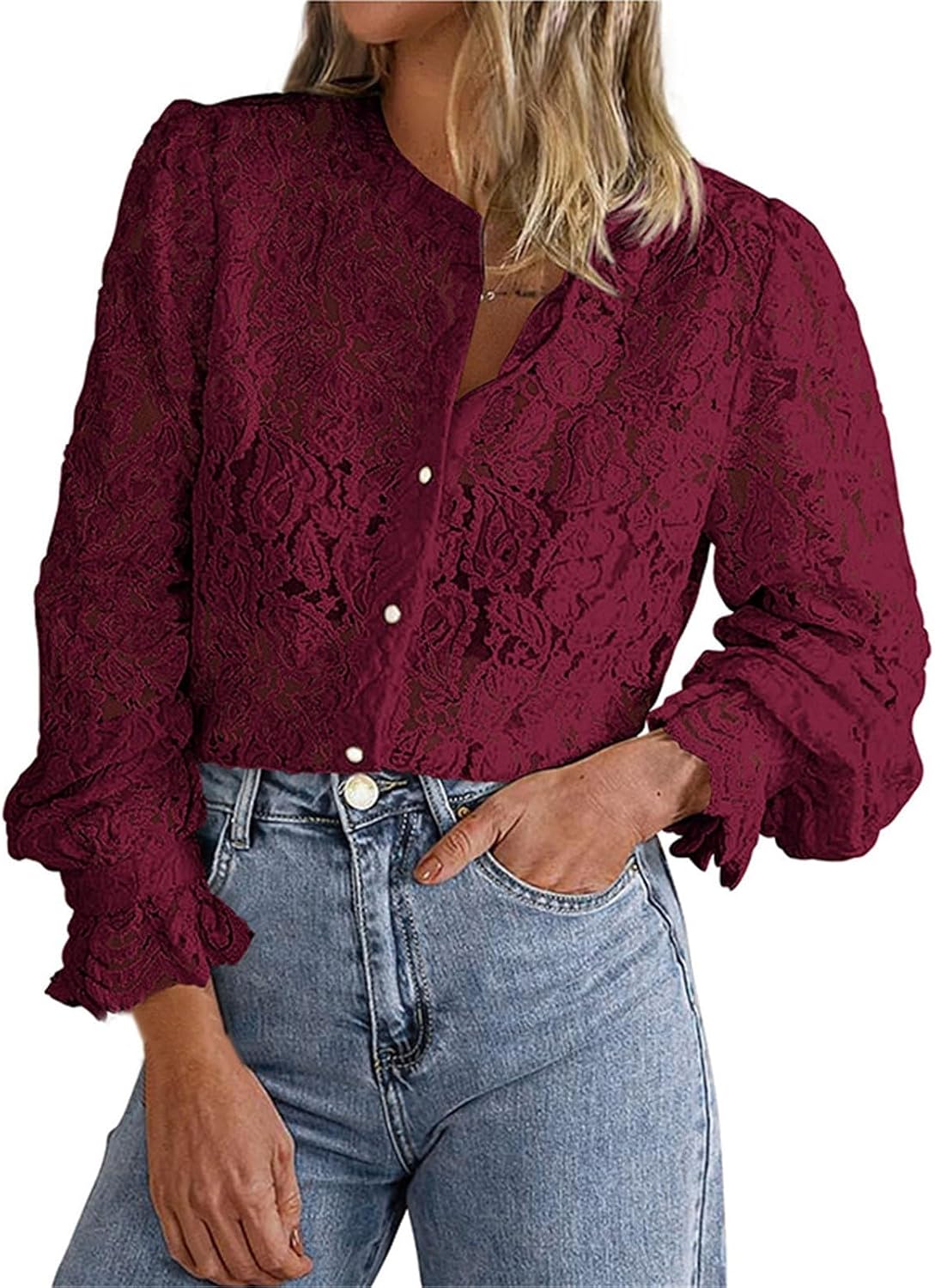 Festliga blusar damer elegant med spets: spets topp damer röd – spetsblus vintage v-ringad blusar tunika lös långärmad skjorta enfärgad spets toppar blus skjorta damblusar