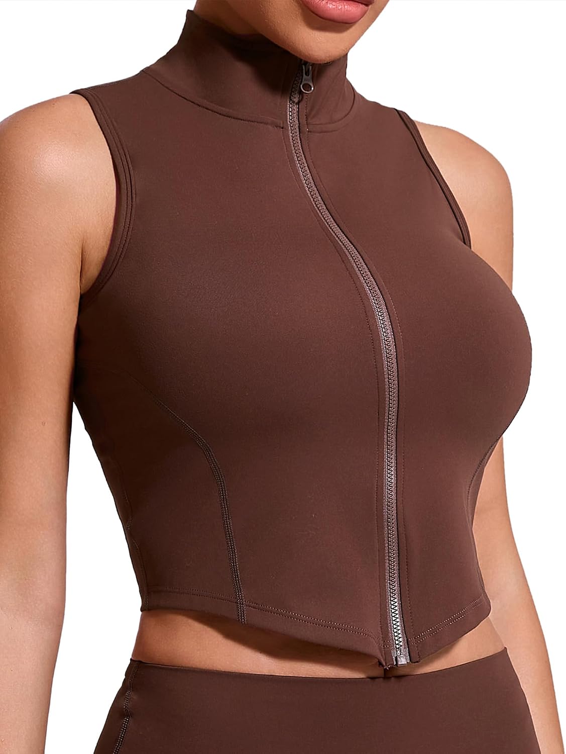 SEAUR Sport crop top damer ärmlös dragkedja tank topp tunn ståkrage tajt topp smal passform snabbtorkande för gym fitness träning S–L