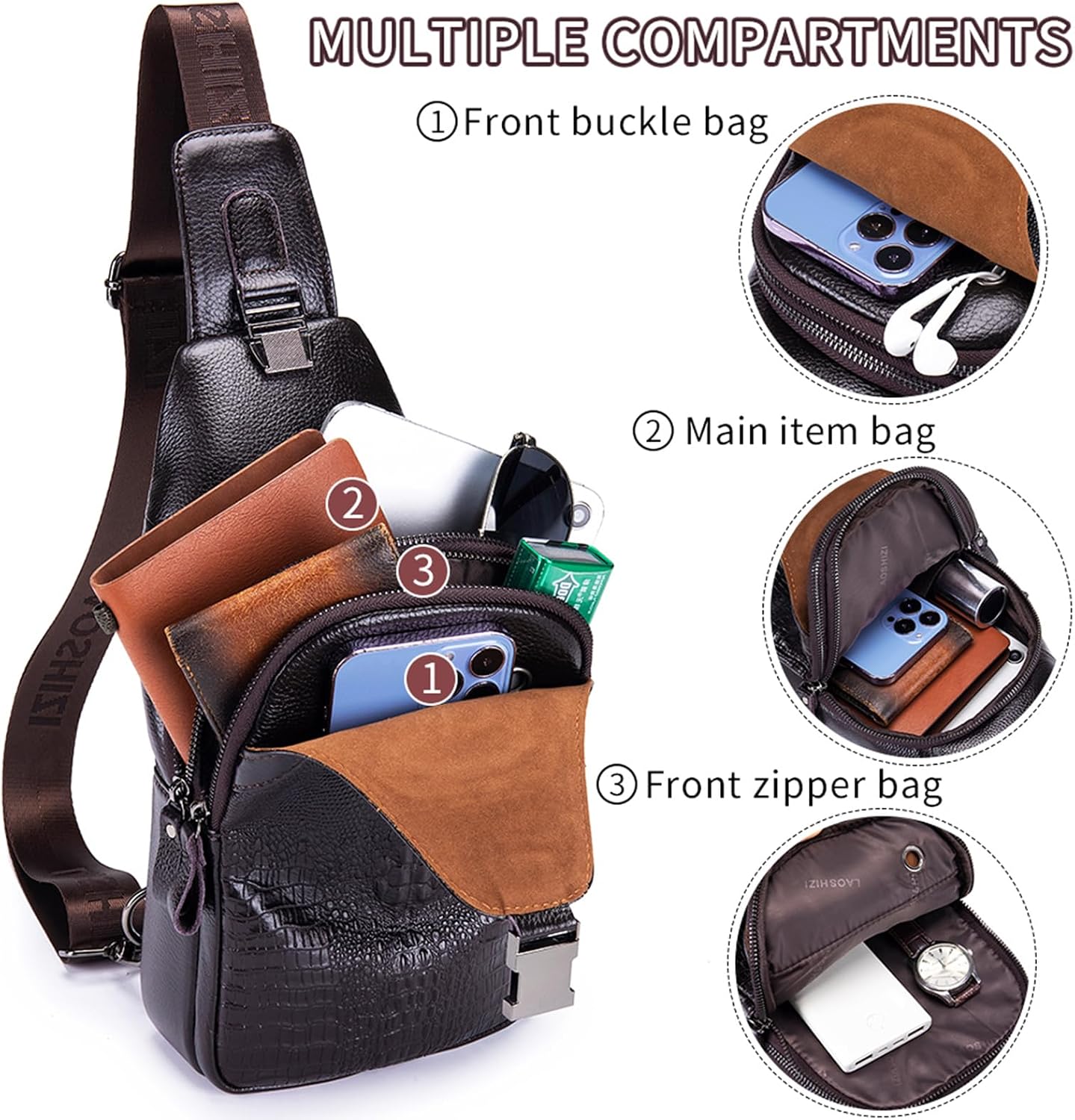 pundarika läder män väska crossbody, man väskor för män crossbody, herrar axelväska, justerbar axelrem