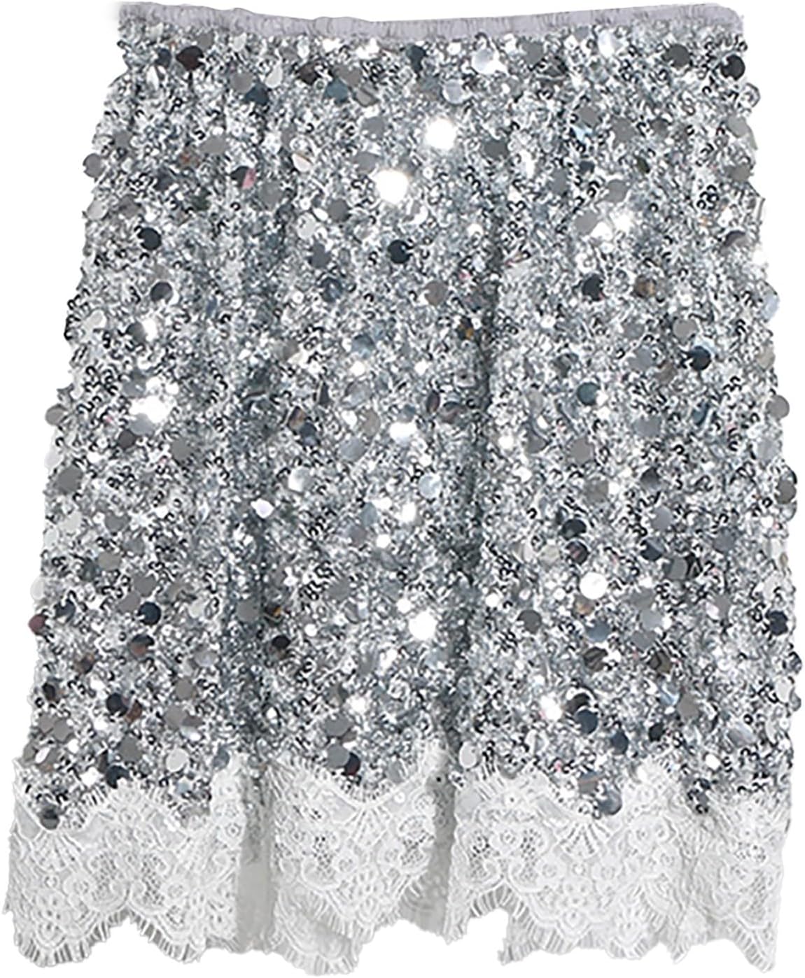 Nyårsaftons outfit damer glitter sexig, kjol paljetter damer svart, paljetter kjol silver midi paljettkjol med spetsar minikjol hög elastisk midja kjolar en linje sommarkjol semester kjol