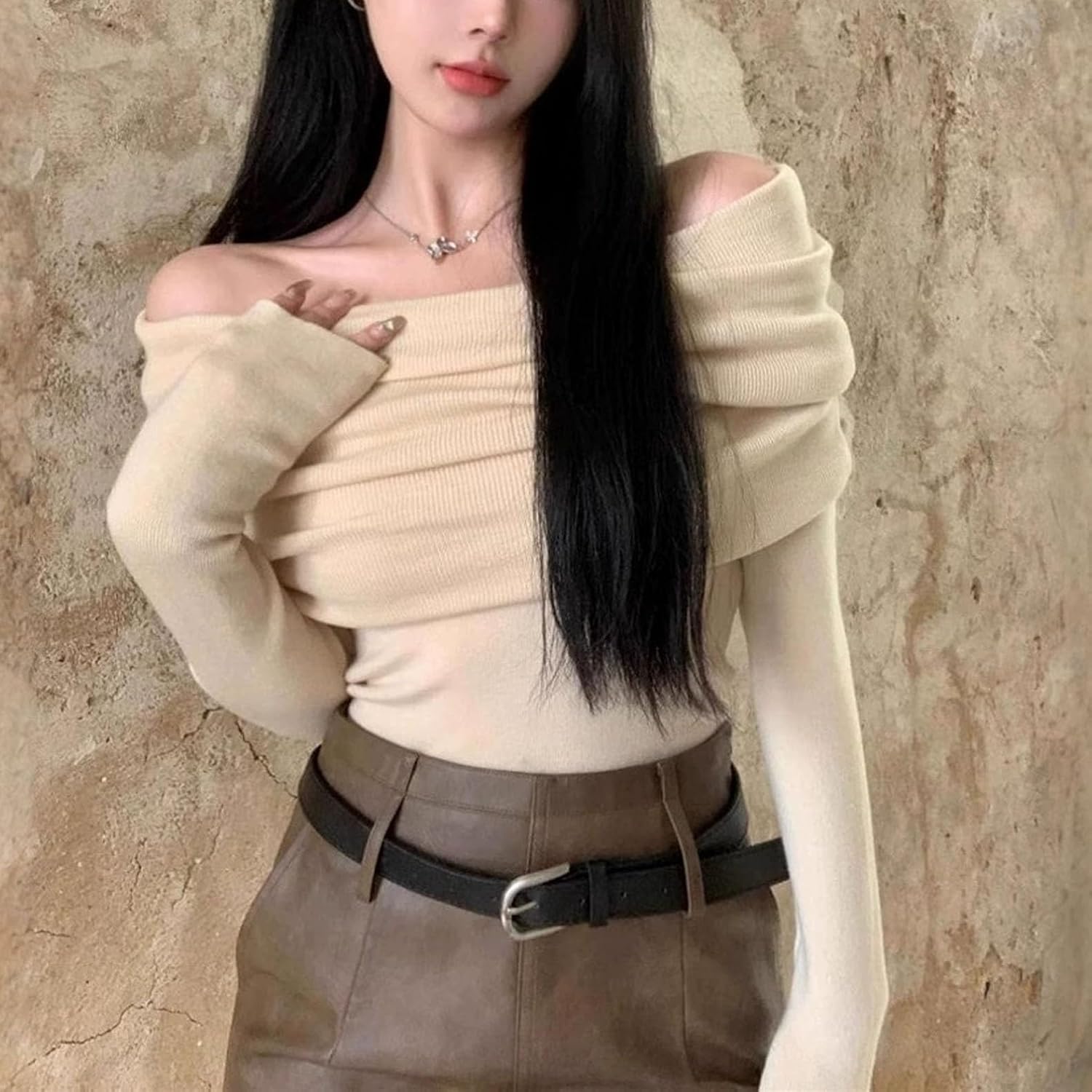 Off Shoulder-tröjor For Kvinnor Långärmade One Shoulder-skjortor Casual Dressy Blusar Sexig Slim Fit Club Shirt Crop Tops