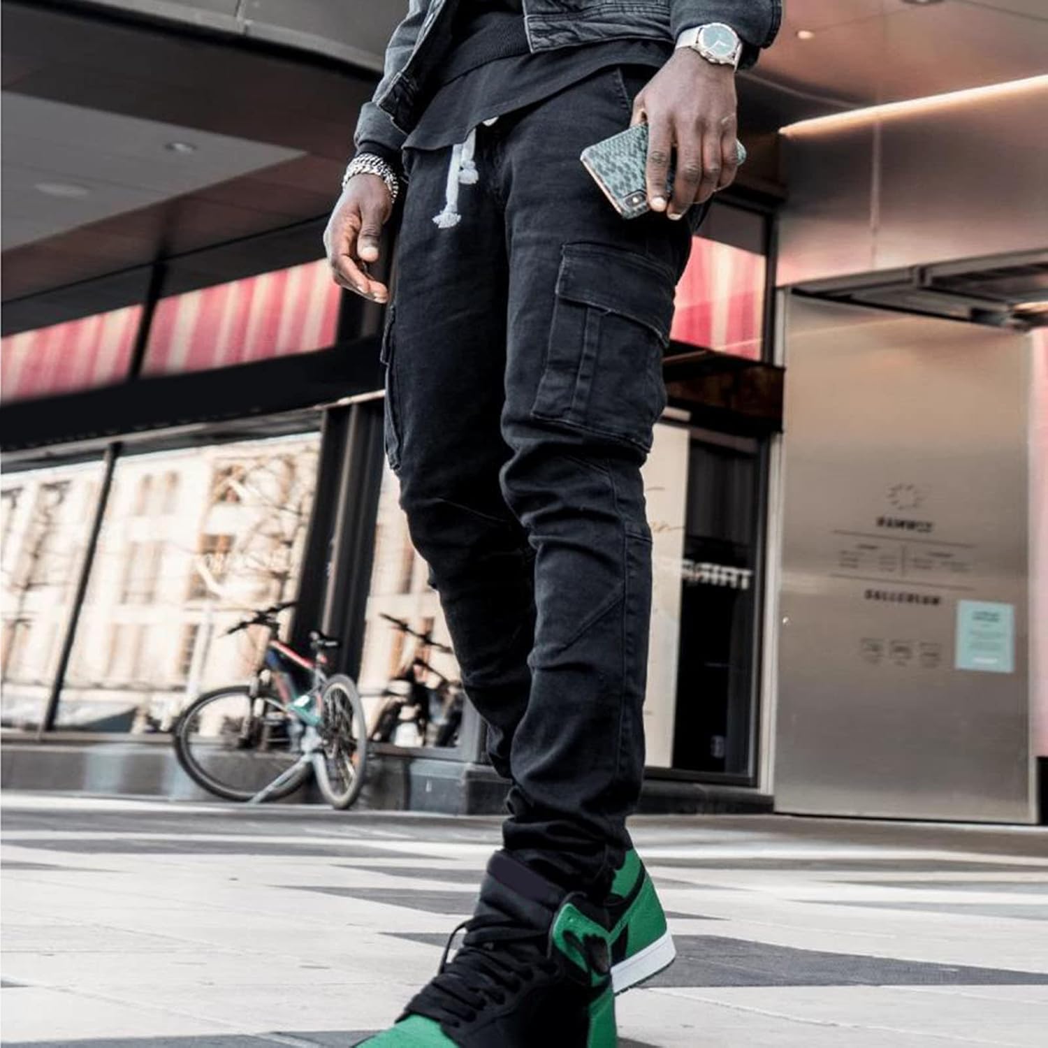 Herrjeans, stretchbyxor med raka ben, slim fit, stretchiga denim, byxor för män, slim fit, cargobyxor, techwear, svart