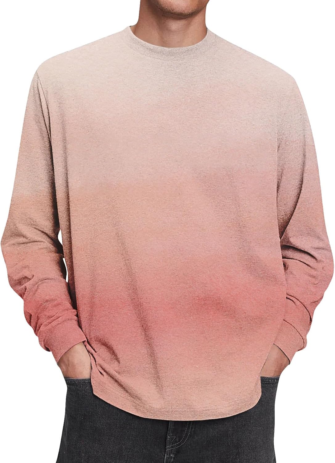 Herr långärmad t-shirt tonad färg rund hals lätt vardaglig pullover topp