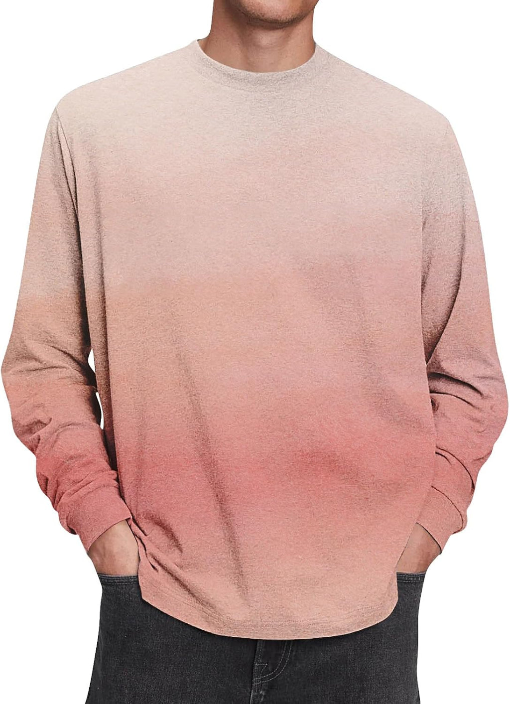 Herr långärmad t-shirt tonad färg rund hals lätt vardaglig pullover topp