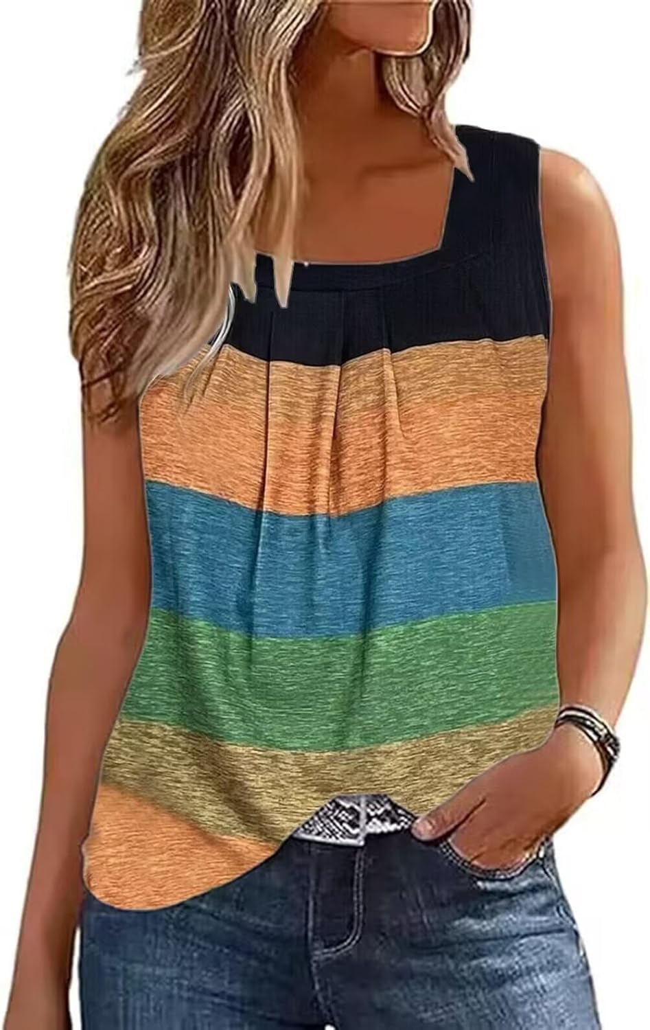 AIMITAG Färgblock veckad fyrkantig krage linne kvinnor randig tank t-shirt sommar ledig lös passform ärmlös skjorta