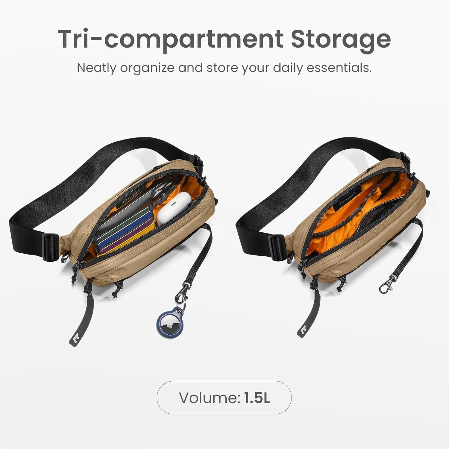 tomtoc 1,5 l crossbody väska med RFID-skydd, liten unisex axelremsväska, sling bag, lätt, vattentät sling bag, för utomhusresor, svart