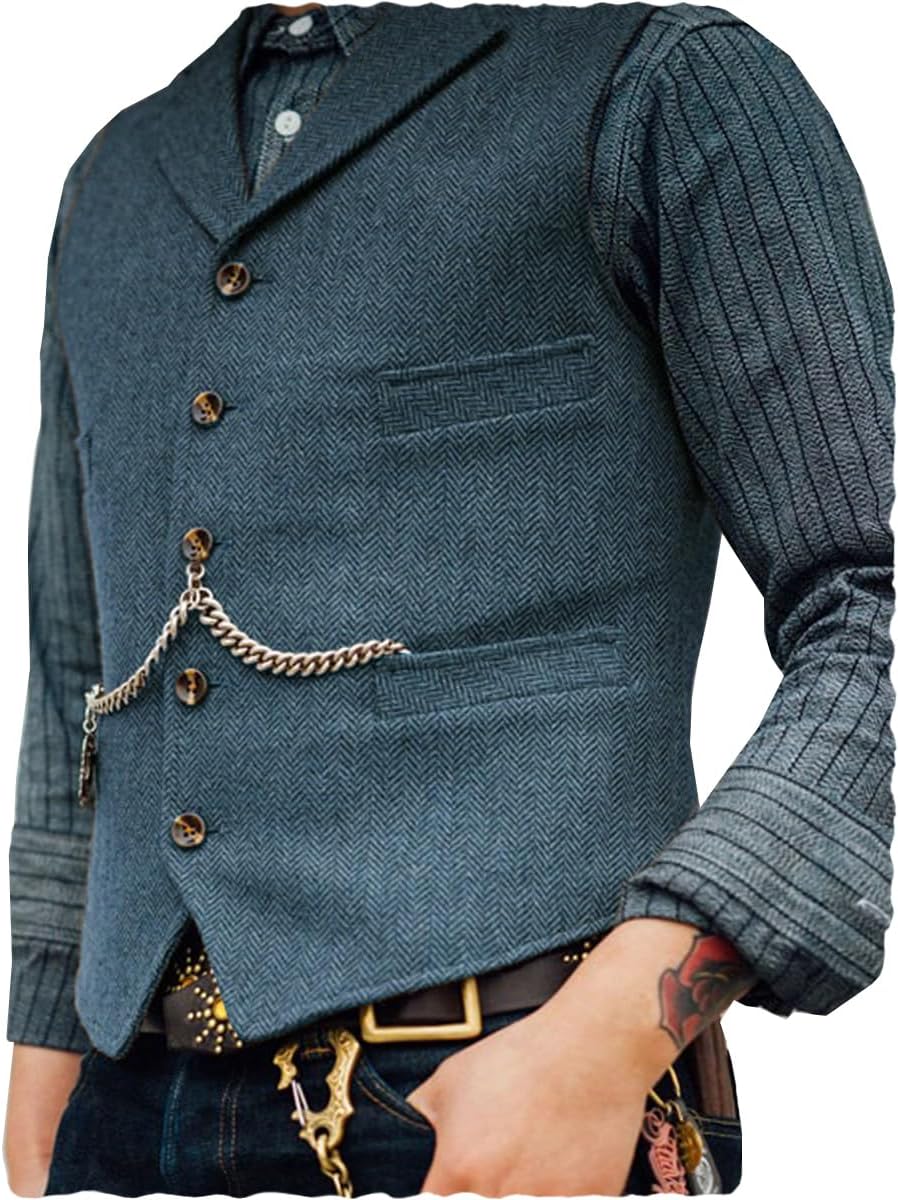 Ceehuteey Herr kostymväst i tweed med retro v-hals i ull och fiskbensmönster för bal