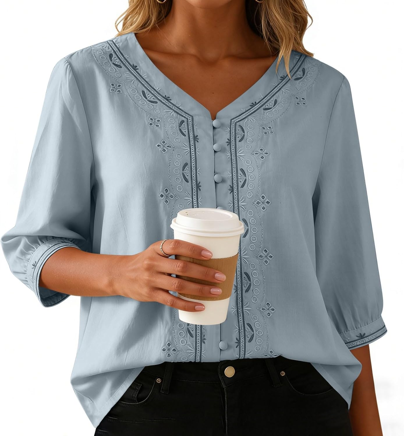 Kvinnors boho toppar bomull linne halvärm v-ringad retro broderade skjortor groda knapp kinesisk stil skjorta damer lös ledig sommar topp