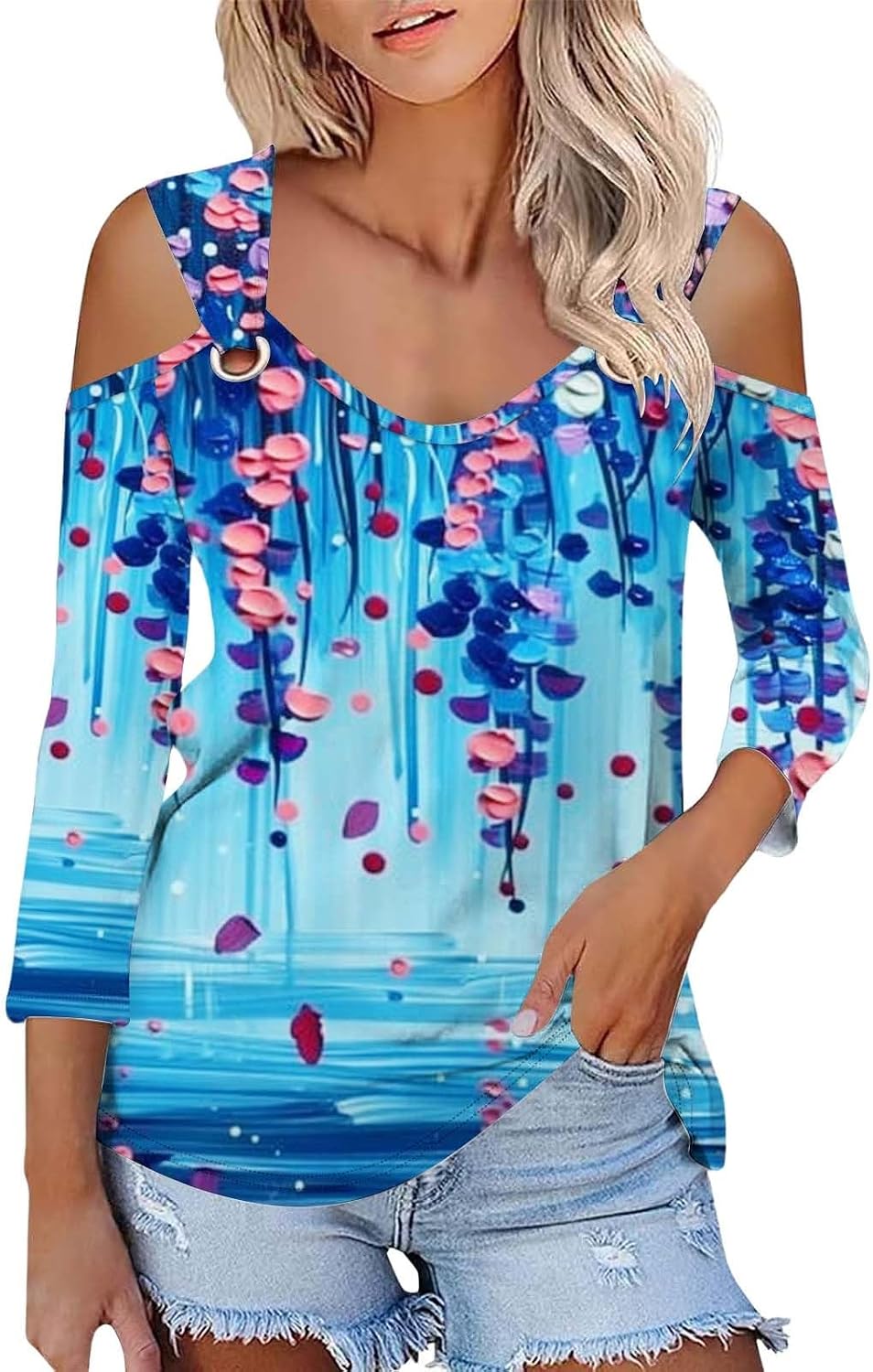 Enfärgad T-shirt för kvinnor, V-ringad och 3/4-ärmar i smal passform, sommarskjortor, topp, axellös, blustopp, toppar, eleganta fritidsskjortor, tryckt strandskjorta, t-shirt, stor storlek