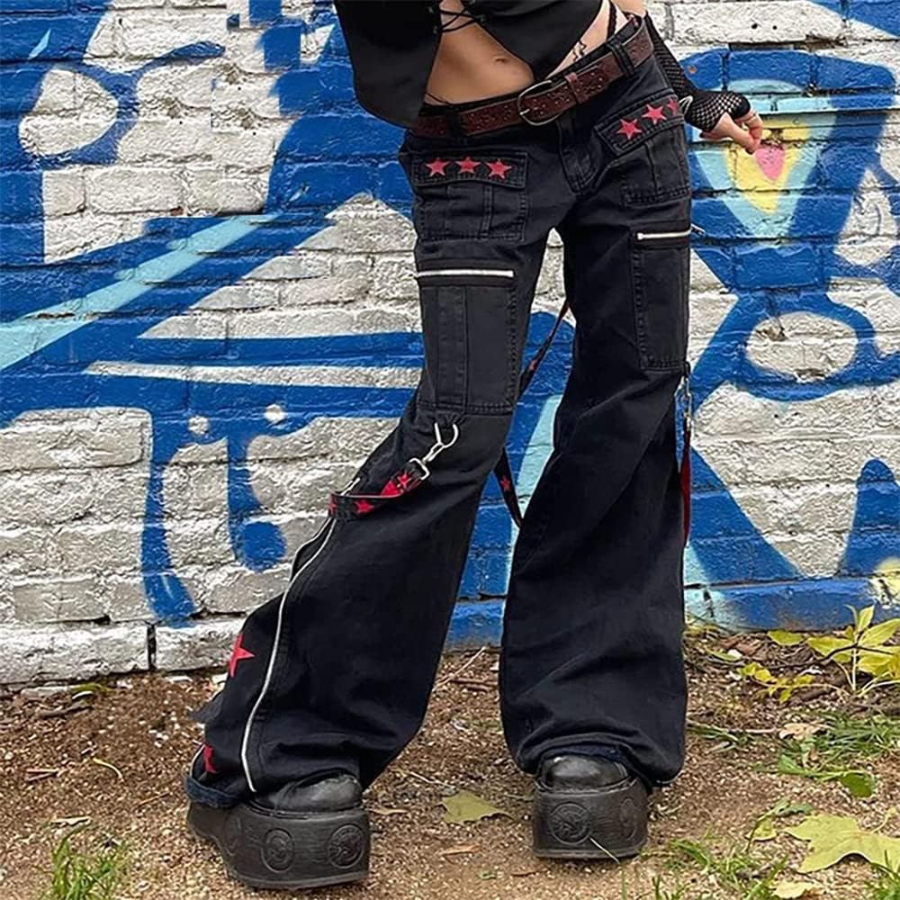 Kvinnor Y2k-jeans, gothstil, byxor i punkig emostil, säckiga, utsvängda jeans, breda ben, Harajuku grunge-byxor, hiphop-kläder