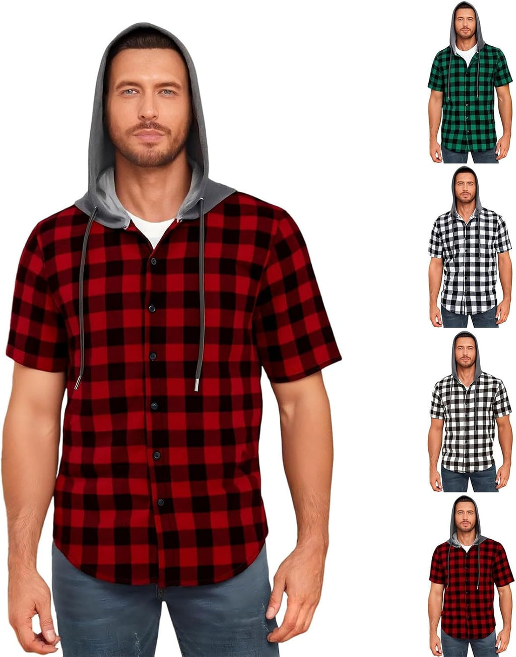 Herr rutiga huvtröjor - Kortärmad sommarskjorta för män UK rutig button down toppar lös passform andningsbara t-shirts hiphop vardagliga t-shirts utomhus träning sweatshirt lätt dragsko huvtröja