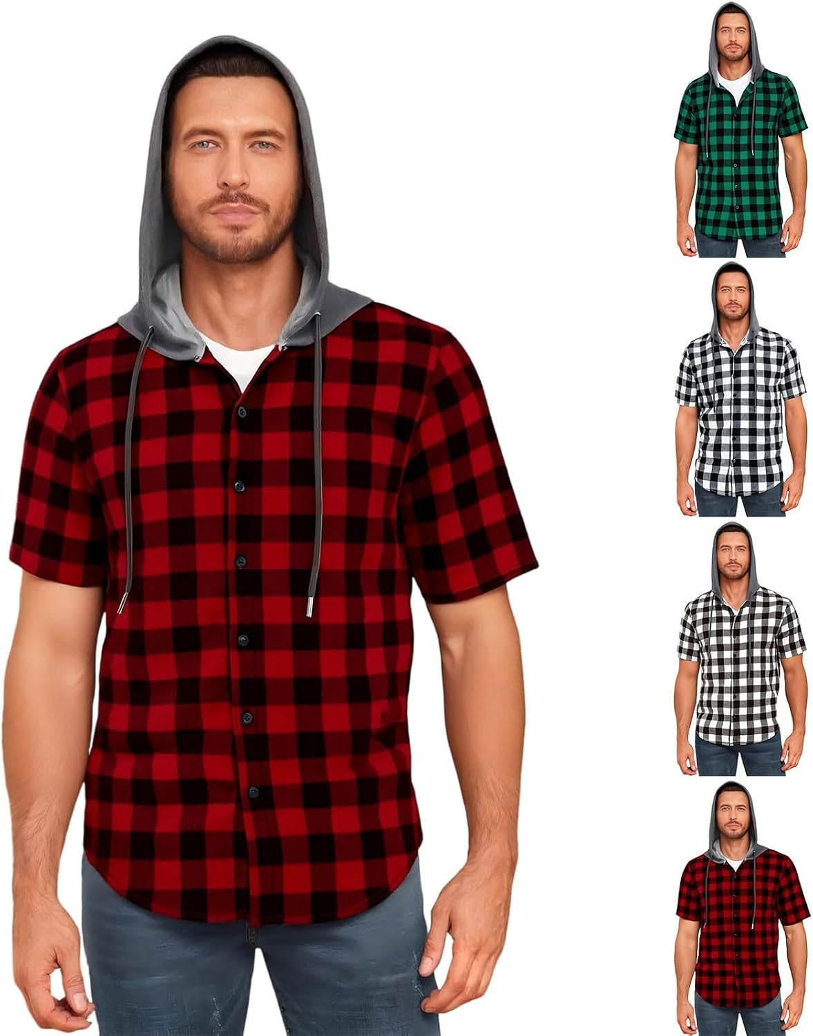 Herr rutiga huvtröjor - Kortärmad sommarskjorta för män UK rutig button down toppar lös passform andningsbara t-shirts hiphop vardagliga t-shirts utomhus träning sweatshirt lätt dragsko huvtröja