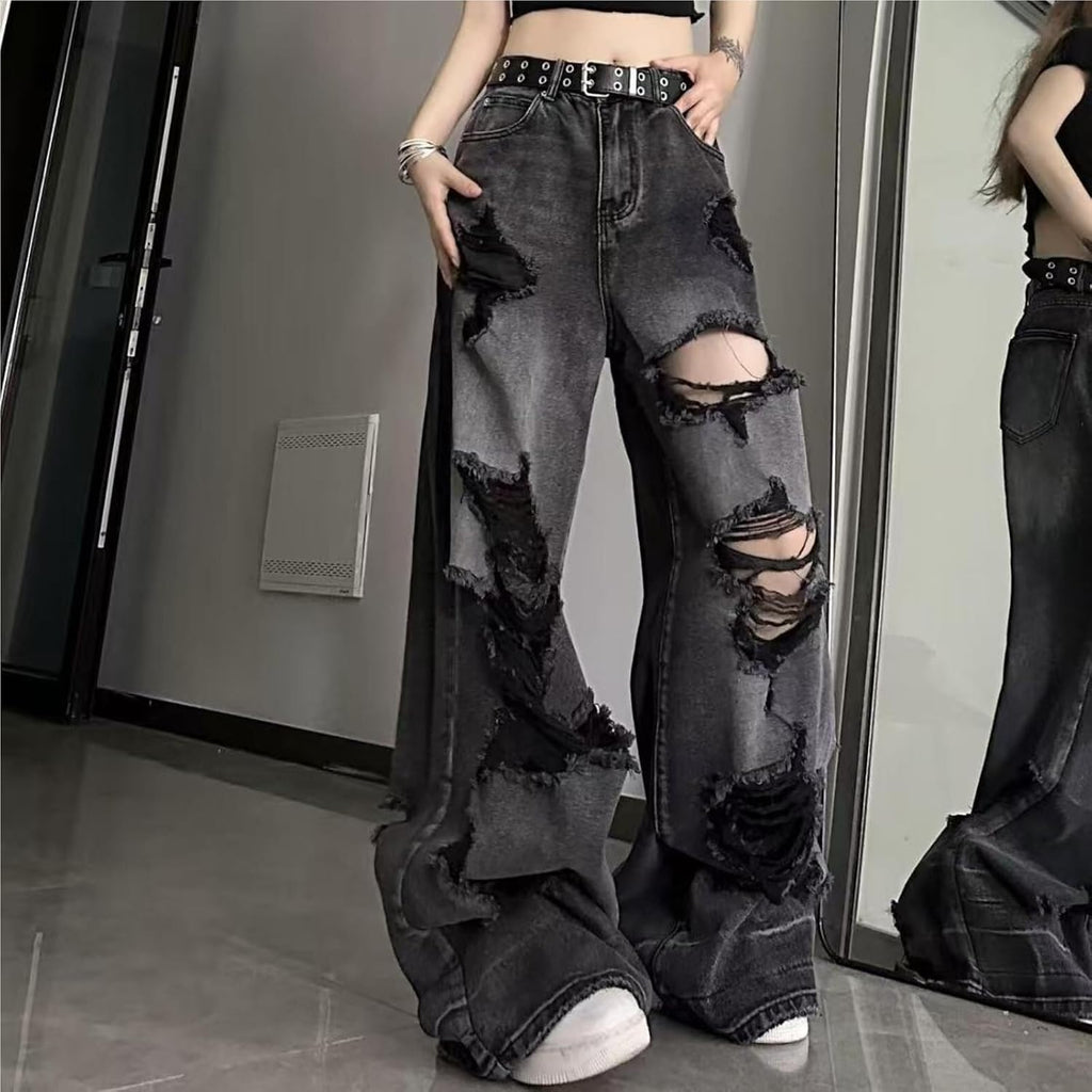 Dam Y2K Ripped Baggy Jeans - Hög midja, raka ben, grungebyxor, gothbyxor, 2000-talsmode