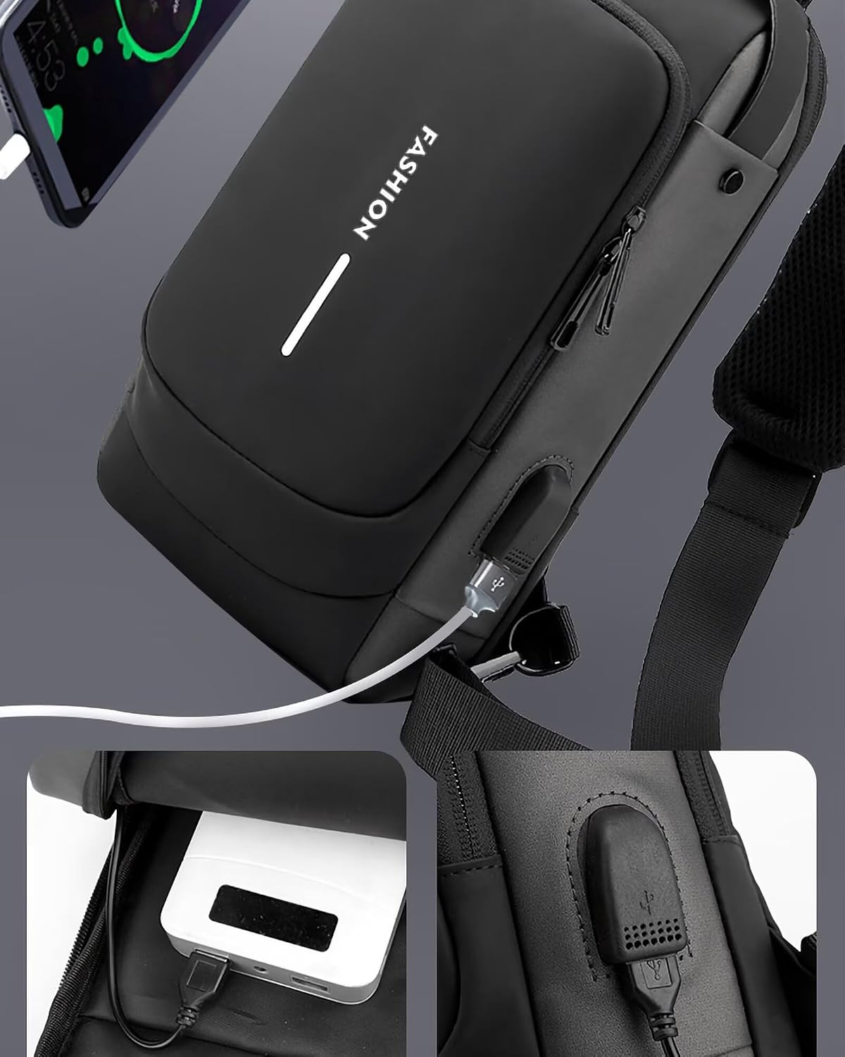 Axelväskor för män och kvinnor, vattentät bröstväska med USB-laddningsport stöldskydd lösenordslås crossbody ryggsäck liten flex axelväska för vandring cykling löpning resor