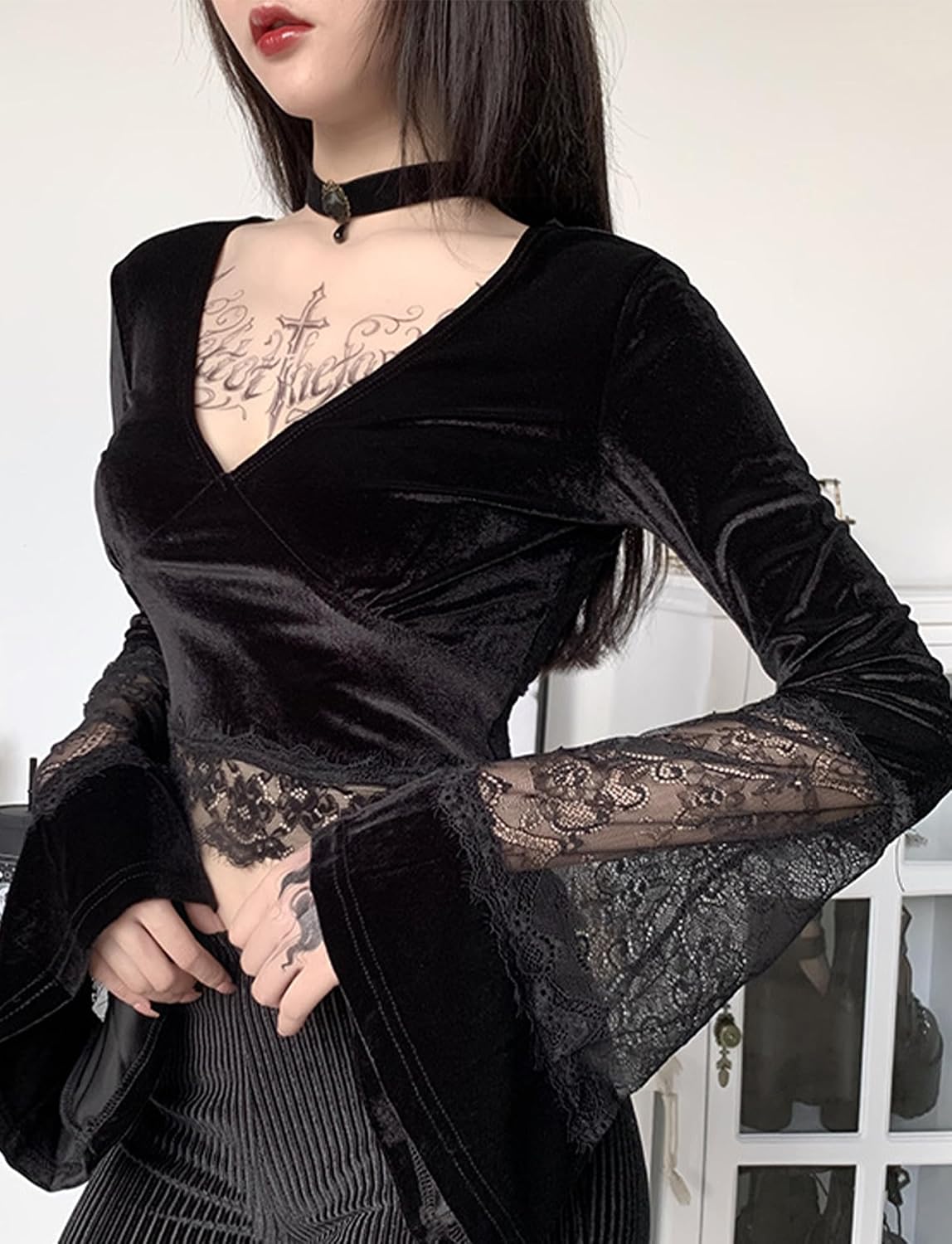 FEOYA Spets/PU gotisk väst för kvinnor sexig ärmlös punk magtröja kort/långärmad snörning toppar för halloween/cosplay/karneval/streetwear/fest/klubb/vardaglig XS-XL
