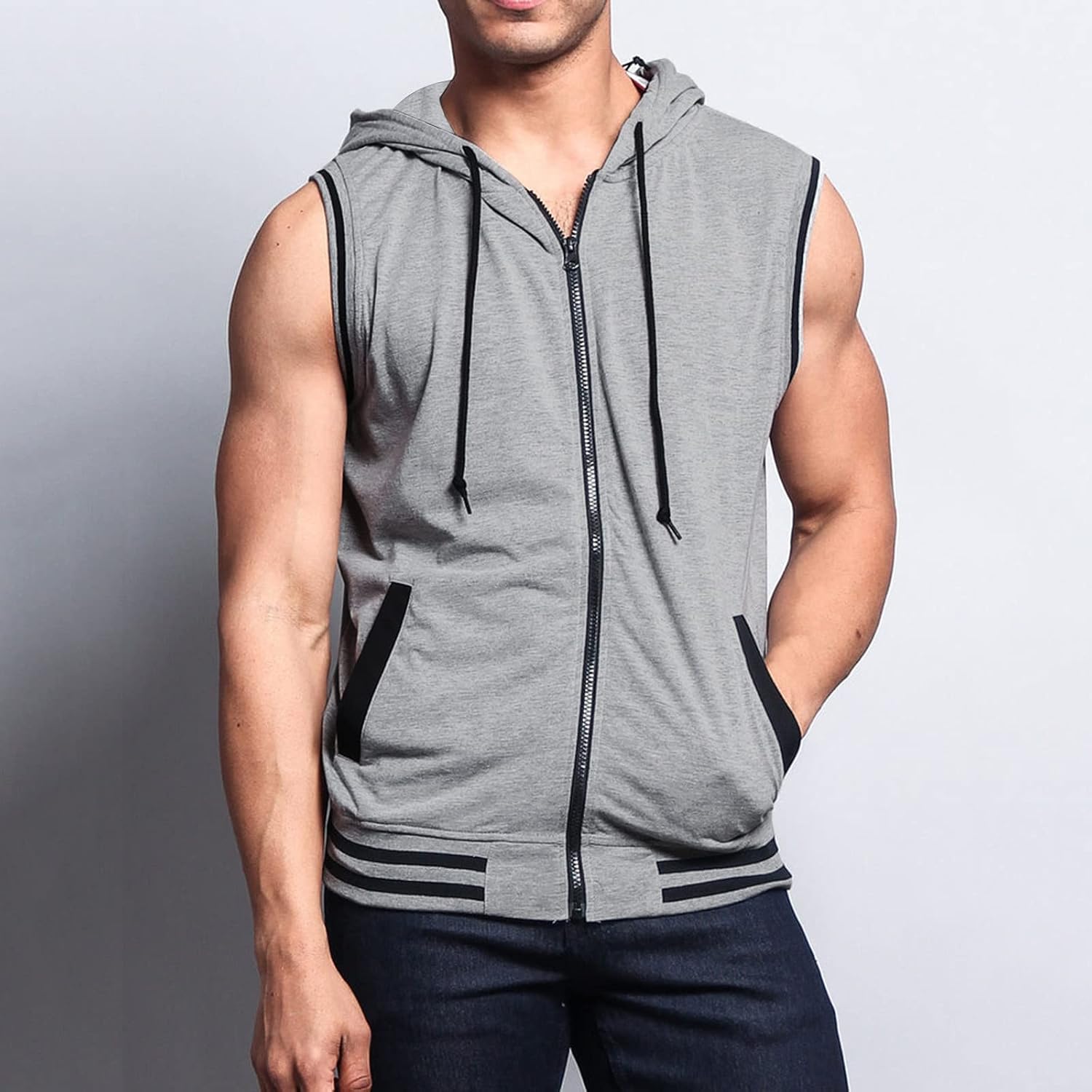 Sport huvjacka för män, tanktopp, huvtröja, gym, fitness, ärmlös huvtröja, muskelskjorta med dragkedja, ärmlös huvtröja för män med fickor, ledig tankskjorta med huva, sommarväst