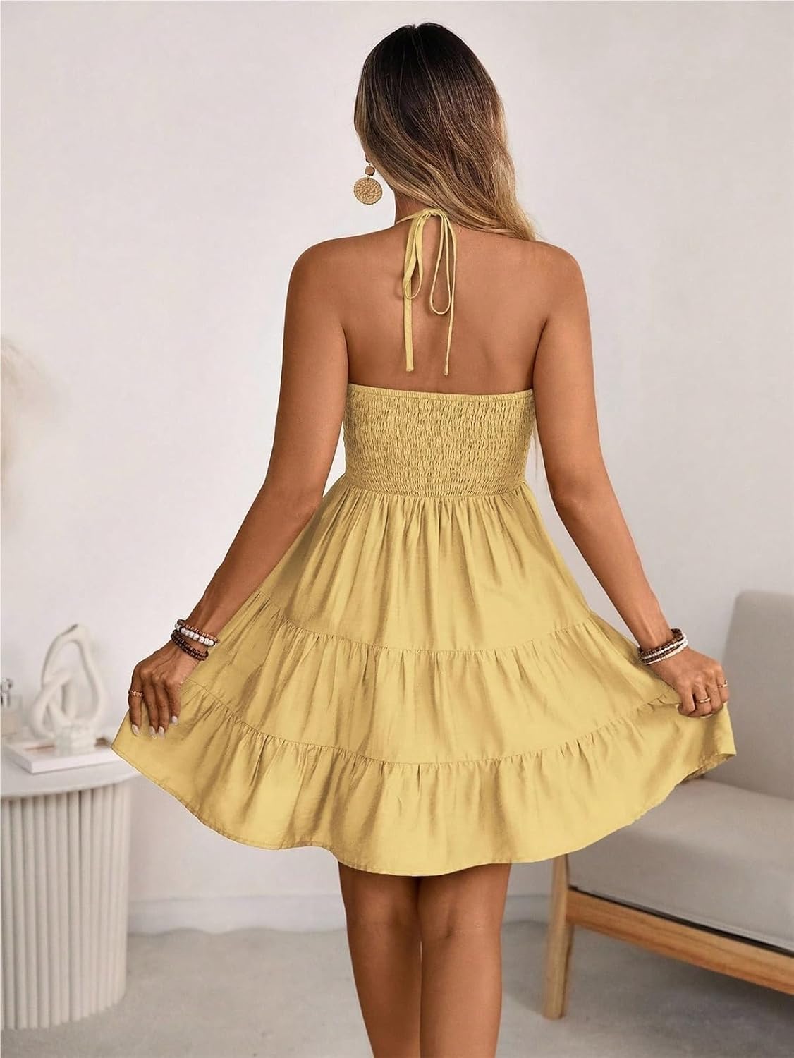 Kvinnors sommar miniklänning Grimma Rygglös Ärmlös A Line Ruffle Hem Flowy Cami Klänningar Sundress