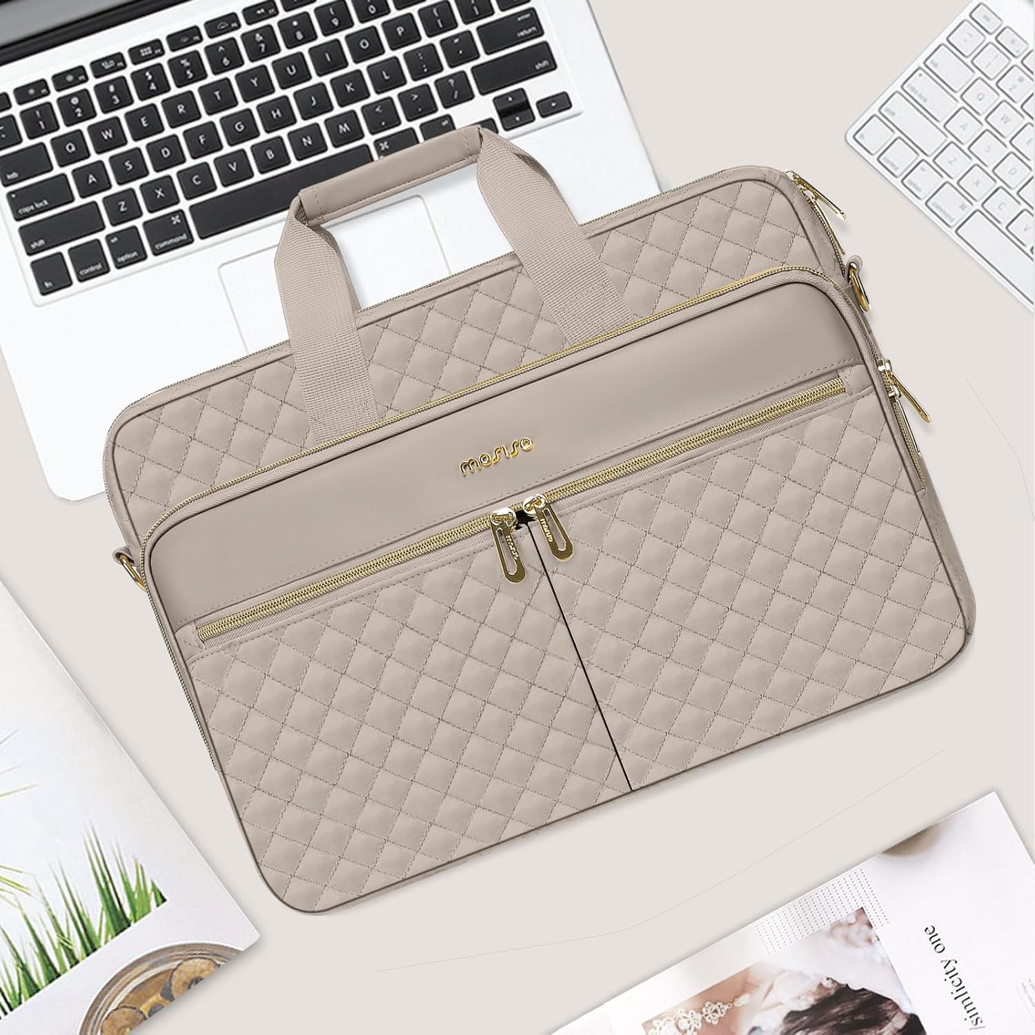MOSISO Laptopväska, laptopväska, axelväska, dam, portfölj, handväska, kvadratisk quiltad laptopväska, axelväska, kontor, resor, affärer med 3 fickor och remmar