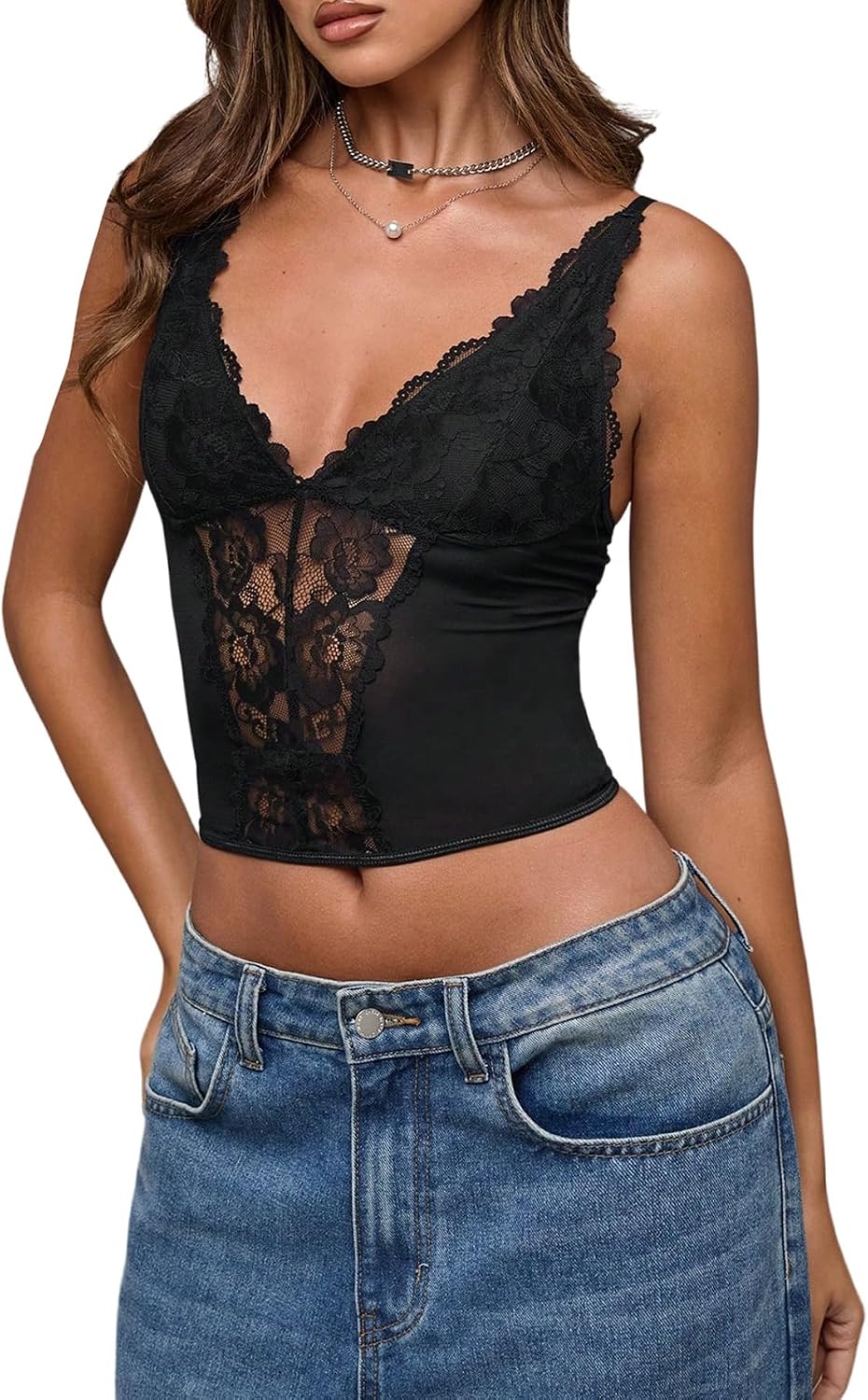 GORGLITTER Korsetttopp för kvinnor, eleganta spetstoppar med v-ringning, bustier, linne, ärmlösa sommartoppar, spetstopp, spaghettitoppar, axeltopp