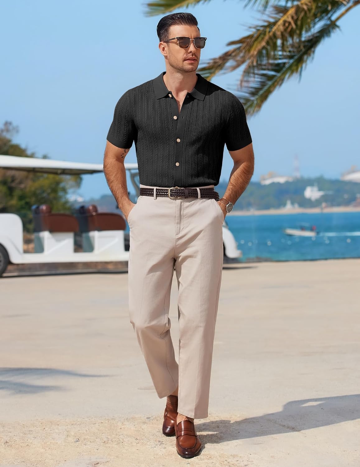 COOFANDY Herr kortärmad stickad pikétröja stretch kabel stickad full knapp golfskjorta polo t-shirt