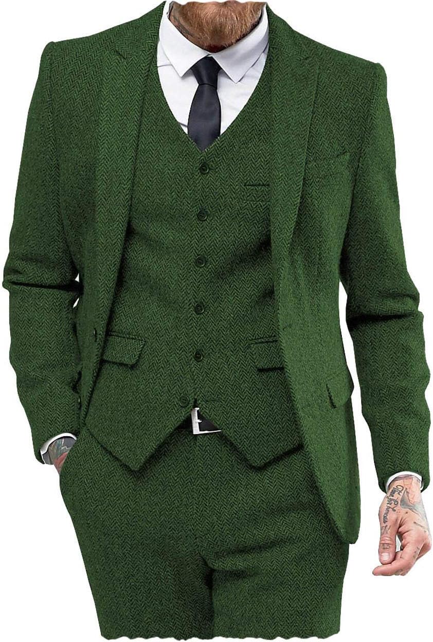 Klassiska herrkostymer normal passform 3 delar ull tweed fiskben by smoking bröllop brudgum blazer + väst + byxor